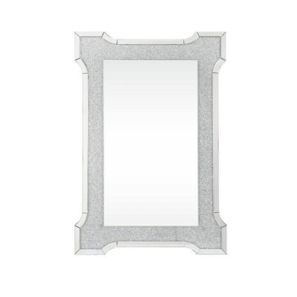 The Nowles mirror offers function and style to any modern setting. This rectangular wall mirror features beveled mirrored border trim with faux diamonds inlay that glimmer and glitter in the available light. Its frame crafted from durable engineered wood.