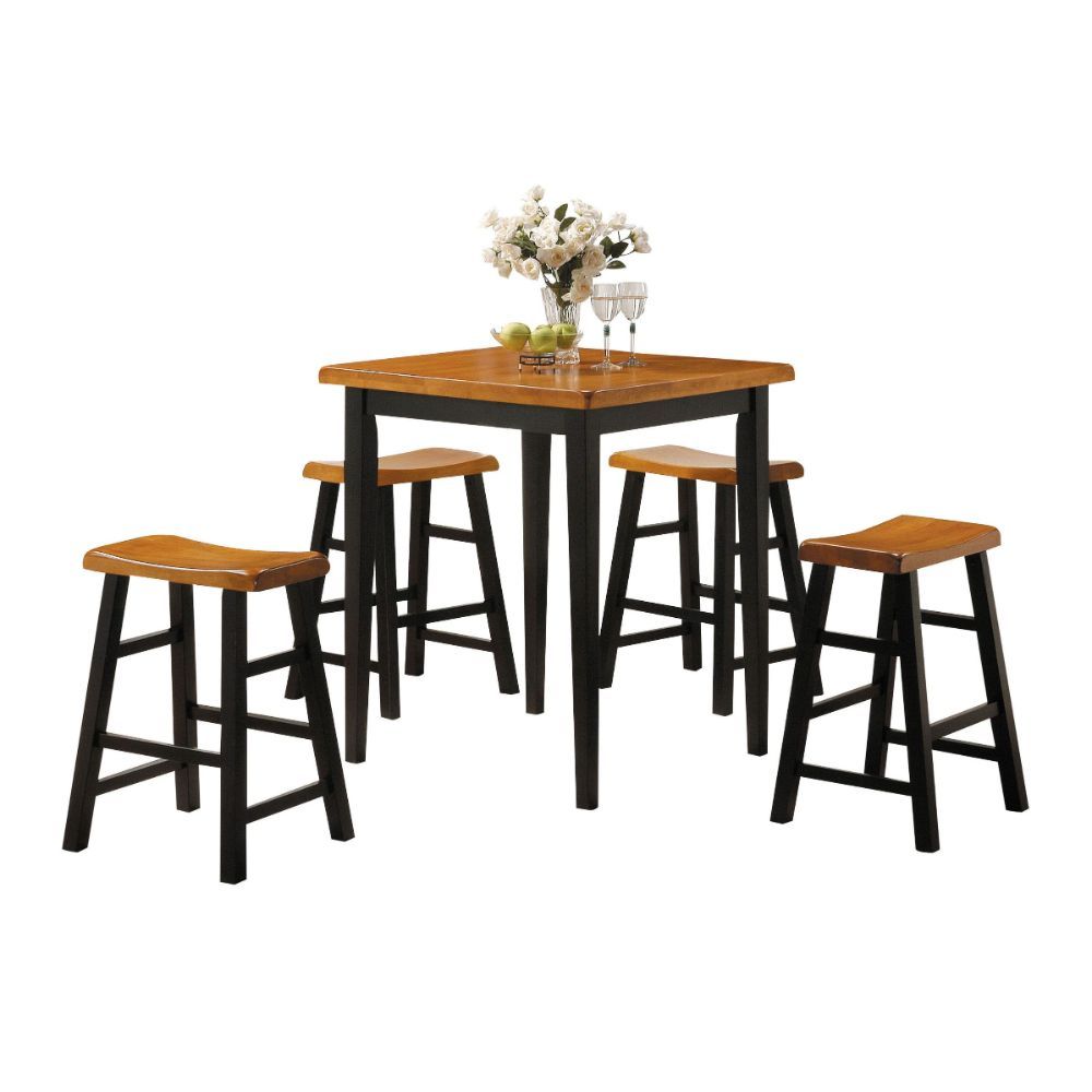 The Gaucho 5Pc Pack Counter Height Dining Set offers simplicity with a versatility perfect for any small dining space. This set boasts an space saving design, square leg table and four matching saddle style stools. The Table features a Solid Wooden Top an