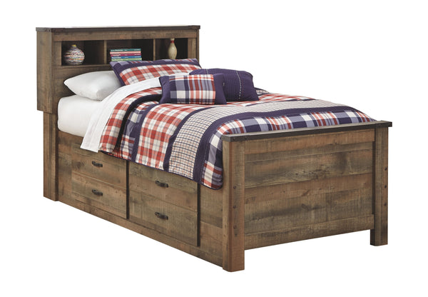 Whether she loves horses or he-'s a cowboy at heart, this twin bookcase bed with under bed storage matches their authenticity. Rustic finish, plank-style details and nailhead trim pay homage to reclaimed barn wood, making for a chic look loaded with charm