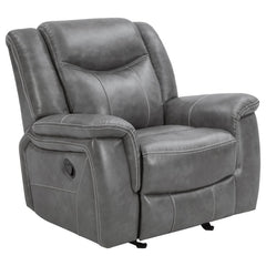 Grey is in and it looks no cooler than on this motion glider recliner. This indulgent recliner features a sumptuously padded headrest to lay your head in comfort. Both armrests and seat cushion are overstuffed for long-lasting comfort. Simple and ergonomi