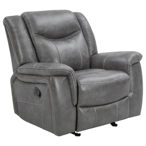 Grey is in and it looks no cooler than on this motion glider recliner. This indulgent recliner features a sumptuously padded headrest to lay your head in comfort. Both armrests and seat cushion are overstuffed for long-lasting comfort. Simple and ergonomi