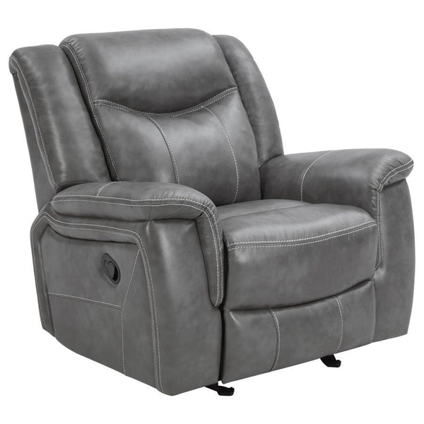 Grey is in and it looks no cooler than on this motion glider recliner. This indulgent recliner features a sumptuously padded headrest to lay your head in comfort. Both armrests and seat cushion are overstuffed for long-lasting comfort. Simple and ergonomi