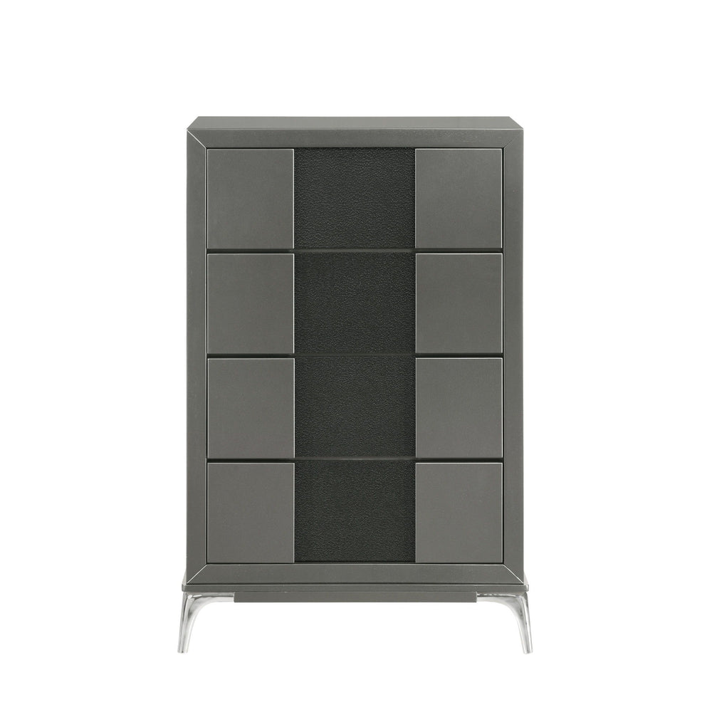 Meet the Nocturne 4 Drawer Chest, a testament to modern design and functionality. Constructed with the robustness of Rubberwood solid wood and the finesse of Okoume veneers, this nightstand promises durability and a touch of elegance. The slate gray finis
