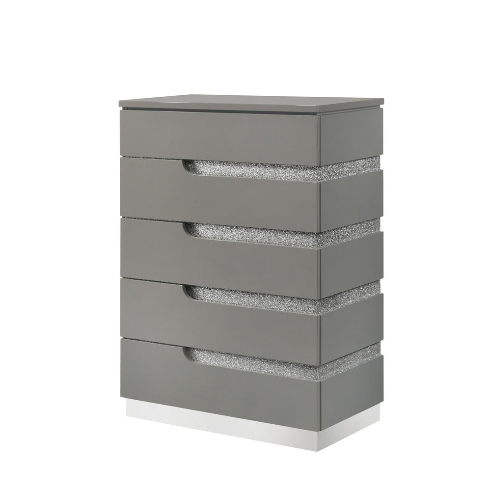 The Paradox Five Drawer Chest in Gray combines modern elegance with practical functionality. The gleaming Gray gloss laminate finish offers a sleek, contemporary look while providing scratch and water resistance. Constructed from a combination of solid an