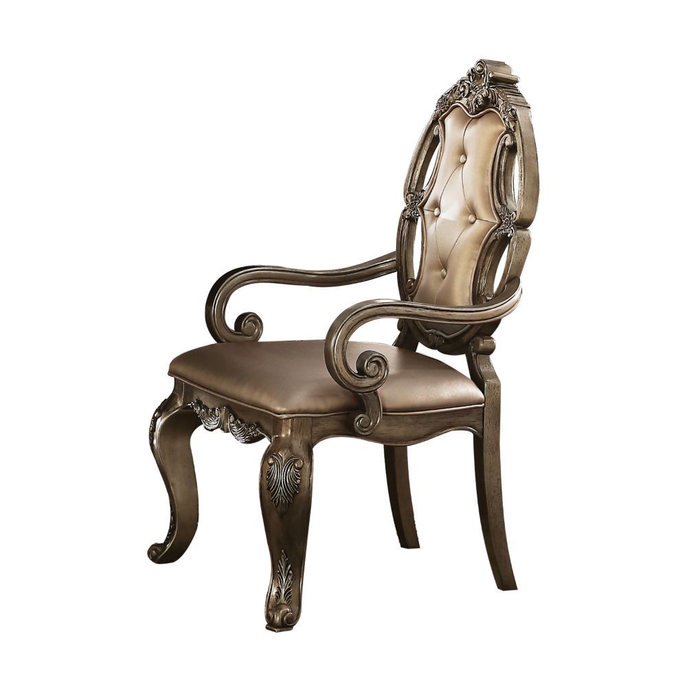 KD, Arm Chair Padded Seat & Back Cushion (Backrest: Button Tufted & Wooden Trim with Scrolled Crown Molding) Wooden Seat Apron Wooden Cabriole Leg Arm Height: 25-"H (630mm)<br/><br/><b>Product Features</b><ul><li>Case: 2Pc/1Ctn</li><li>Finish: PU & Vintag