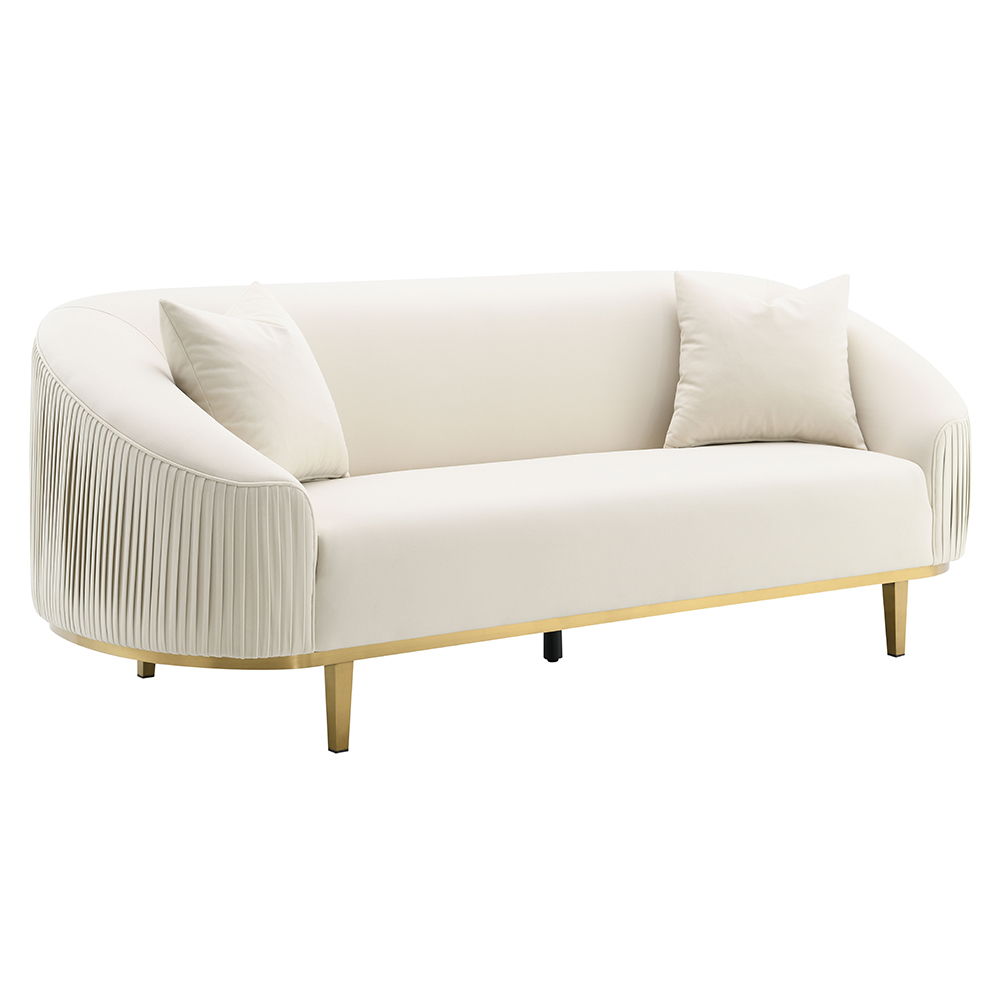 This stunning Martina collection sofa, upholstered in luxurious ivory velvet, exudes elegance and comfort. The plush pillows add an extra layer of coziness, inviting you to sink in and relax. Perfect for any sophisticated living space, this sofa-'s timele