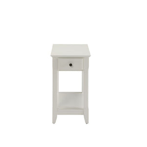  this Bertie side table collection does not take away from living space while still offering open storage as well as a drawer. Offered in four colors white