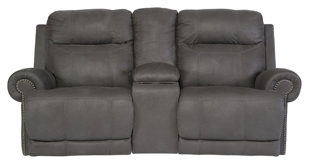 Sparing that -"puffy-" look you might expect from a recliner, this reclining loveseat with console doesn-'t hold back when it comes to contemporary style. Subtle touches such as sporty jumbo stitching, nailhead trim and a -"weather worn-" effect on the up
