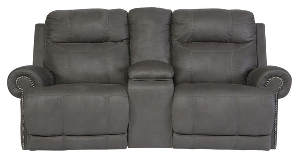 Sparing that -"puffy-" look you might expect from a recliner, this reclining loveseat with console doesn-'t hold back when it comes to contemporary style. Subtle touches such as sporty jumbo stitching, nailhead trim and a -"weather worn-" effect on the up
