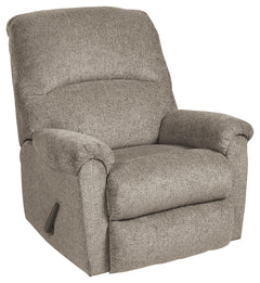 A mastery in -"less is more,-" this rocker recliner manages to make cool, contemporary design so warm and cozy. Its soothing platinum-tone upholstery, incredibly plush to the touch, is a new twist on neutral. A curved divided back and a deeply tufted foot