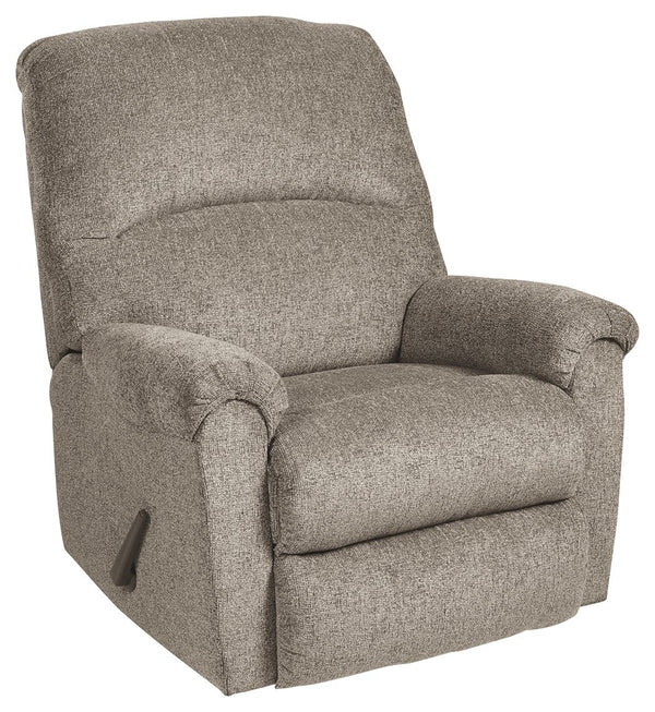 A mastery in -"less is more,-" this rocker recliner manages to make cool, contemporary design so warm and cozy. Its soothing platinum-tone upholstery, incredibly plush to the touch, is a new twist on neutral. A curved divided back and a deeply tufted foot