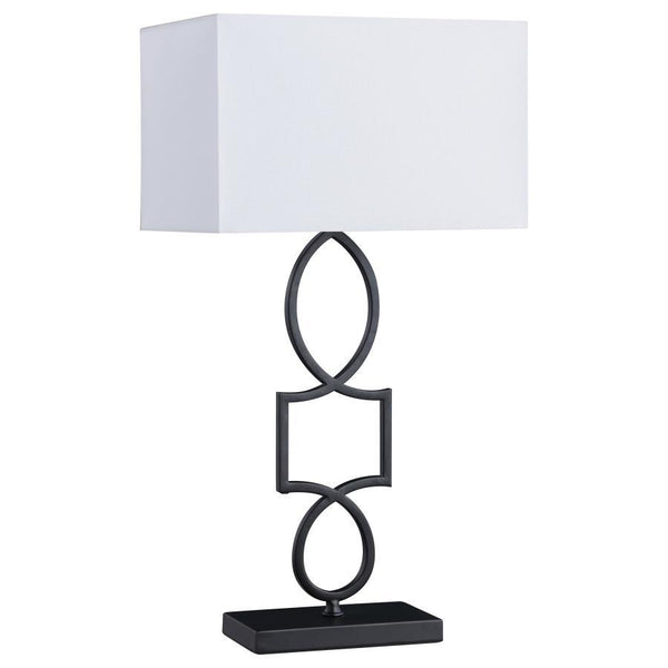 Elevate your dÃ©cor with this striking table lamp featuring a sculptural black metal base of interlocking geometric shapes. A crisp white rectangular shade sits above, offering a clean contrast and ample illumination. Perfect for modern spaces, this lamp 