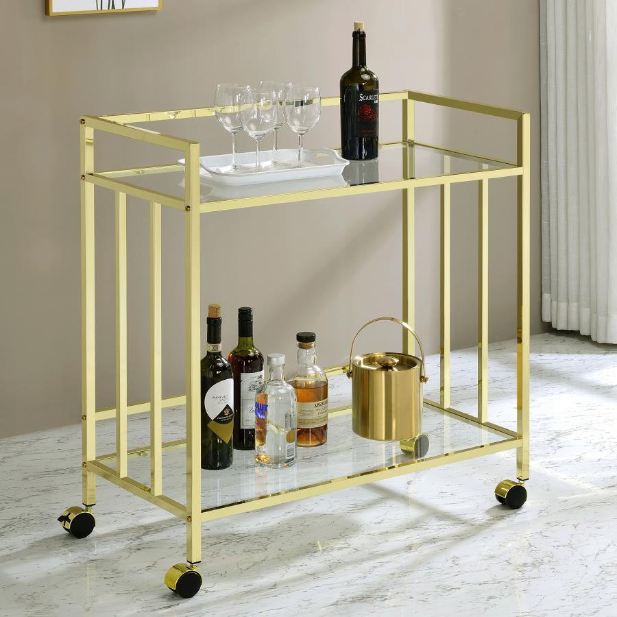 Welcome guests and serve up libations with this sleek contemporary bar cart. A rectangular silhouette outlined in a slim, square metal frame lends an Art Deco-inspired aesthetic to dining spaces and more. The polished, metallic finish elevates it even fur