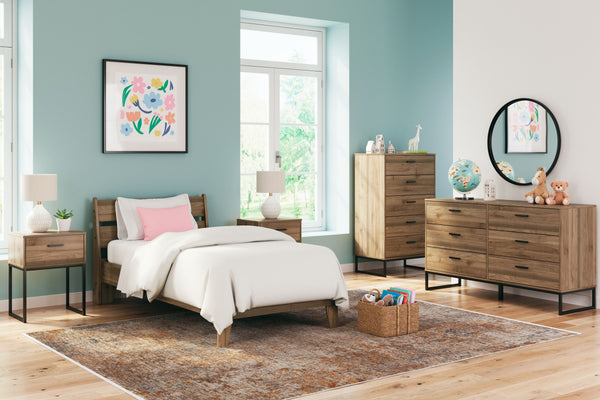 Is your bedroom in need of a refresh? And do you love mid-century modern design? Then this bedroom set is calling your name. Rich honey brown finish over replicated walnut grain with authentic touch. Contemporary handles in a dark pewter colored finish. S