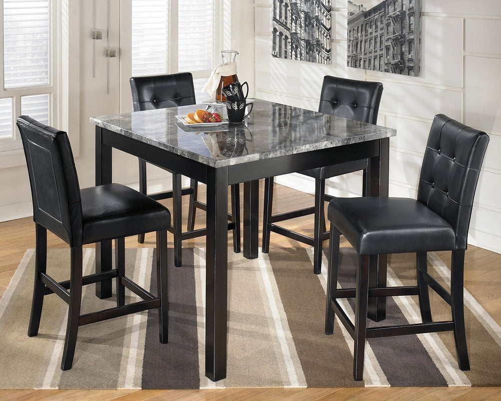 The square shape of this counter height table offers comfortable dining without taking up too much space. Faux marble tabletop has a polished look that-'s easy to clean. Cushioned counter stools are tufted and covered in faux leather and slide neatly unde