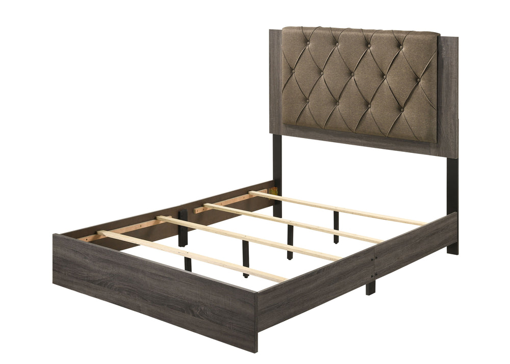 This transitional bed provides the perfect balance of comfort and style. Diamond button tufted upholstered headboard. Wooden rustic gray oak finish veneer frame, tapered wood legs, and base trim in black finish. The Avantika collection its complemented by