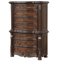 The Bella Notte 3 Drawer Bachelor-'s Chest in mahogany brown combines exquisite wood craftsmanship with timeless design. This chest, ideal for any bedroom or study, is crafted from a blend of solid poplar, manufactured woods, and birch and burl wood venee