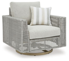 This swivel lounge chair invites your casual contemporary style outdoors. With its resin wicker in a chic neutral hue, it expertly marries refined design with durability. The chair-'s 360-degree swivel and gentle gliding motions make it easy to switch fro