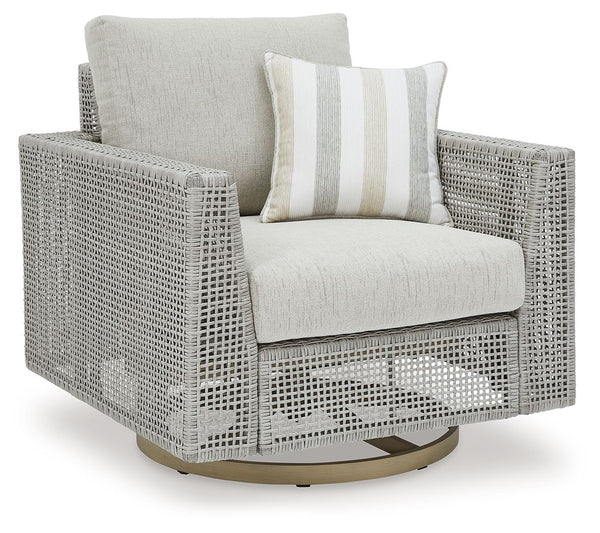 This swivel lounge chair invites your casual contemporary style outdoors. With its resin wicker in a chic neutral hue, it expertly marries refined design with durability. The chair-'s 360-degree swivel and gentle gliding motions make it easy to switch fro