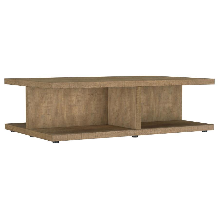 Enhance your living room with this mango-finished coffee table, blending rustic charm with modern functionality. Crafted from engineered wood and coated in a scratch-resistant laminate veneer, it ensures durability and effortless maintenance. The open, di