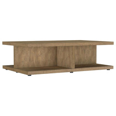 Enhance your living room with this mango-finished coffee table, blending rustic charm with modern functionality. Crafted from engineered wood and coated in a scratch-resistant laminate veneer, it ensures durability and effortless maintenance. The open, di