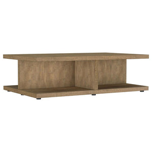 Enhance your living room with this mango-finished coffee table, blending rustic charm with modern functionality. Crafted from engineered wood and coated in a scratch-resistant laminate veneer, it ensures durability and effortless maintenance. The open, di