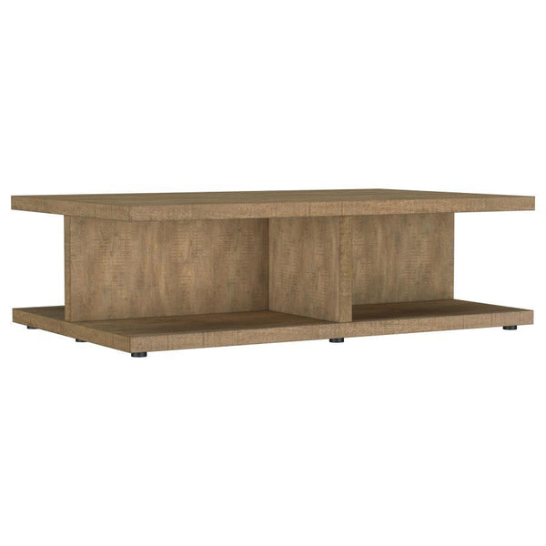 Enhance your living room with this mango-finished coffee table, blending rustic charm with modern functionality. Crafted from engineered wood and coated in a scratch-resistant laminate veneer, it ensures durability and effortless maintenance. The open, di
