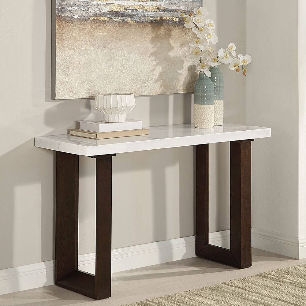 Edwyn - Sofa Table With Marble Top - White<br/><br/><b>Product Features</b><ul><li>Rectangular Sofa Table</li><li><br> Marble Top</li><li><br> Fixed Table Top</li><li><br> Double U-Shape Base</li></ul><br/>