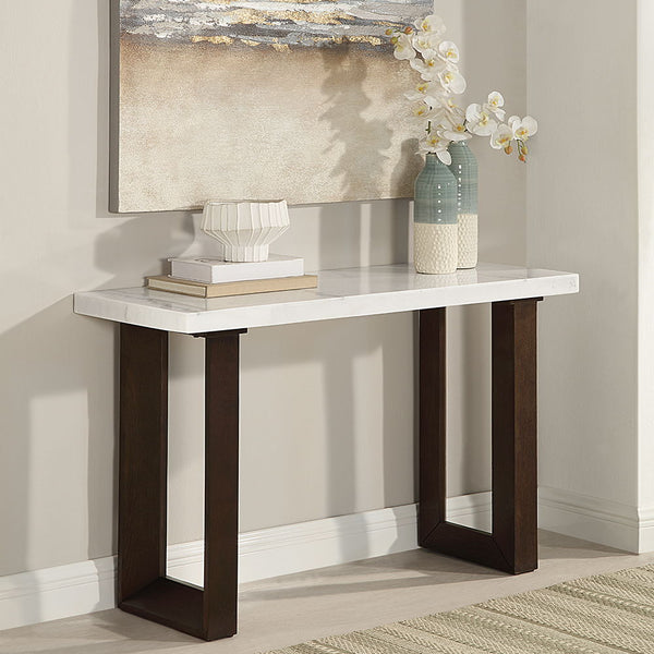 Edwyn - Sofa Table With Marble Top - White<br/><br/><b>Product Features</b><ul><li>Rectangular Sofa Table</li><li><br> Marble Top</li><li><br> Fixed Table Top</li><li><br> Double U-Shape Base</li></ul><br/>