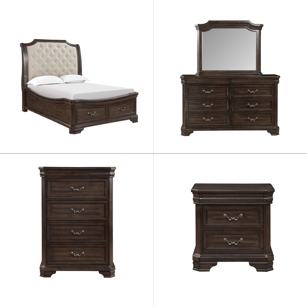 Discover the Lyndhurst 5 Piece Bedroom Set, a testament to enduring craftsmanship and timeless style. This set includes a stunning bed, 6-drawer dresser, mirror, 2-drawer nightstand, and 5-drawer chest, all in rich walnut brown. Crafted from solid Acacia,