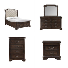 Discover the Lyndhurst 5 Piece Bedroom Set, a testament to enduring craftsmanship and timeless style. This set includes a stunning bed, 6-drawer dresser, mirror, 2-drawer nightstand, and 5-drawer chest, all in rich walnut brown. Crafted from solid Acacia,