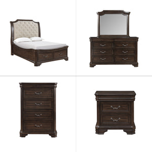 Discover the Lyndhurst 5 Piece Bedroom Set, a testament to enduring craftsmanship and timeless style. This set includes a stunning bed, 6-drawer dresser, mirror, 2-drawer nightstand, and 5-drawer chest, all in rich walnut brown. Crafted from solid Acacia,