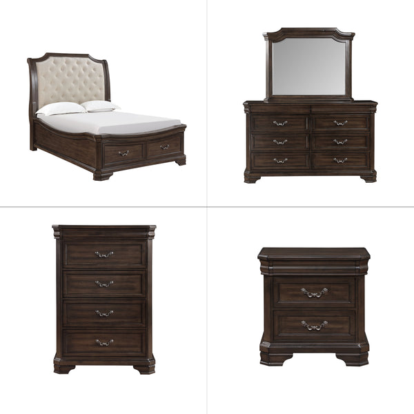 Discover the Lyndhurst 5 Piece Bedroom Set, a testament to enduring craftsmanship and timeless style. This set includes a stunning bed, 6-drawer dresser, mirror, 2-drawer nightstand, and 5-drawer chest, all in rich walnut brown. Crafted from solid Acacia,