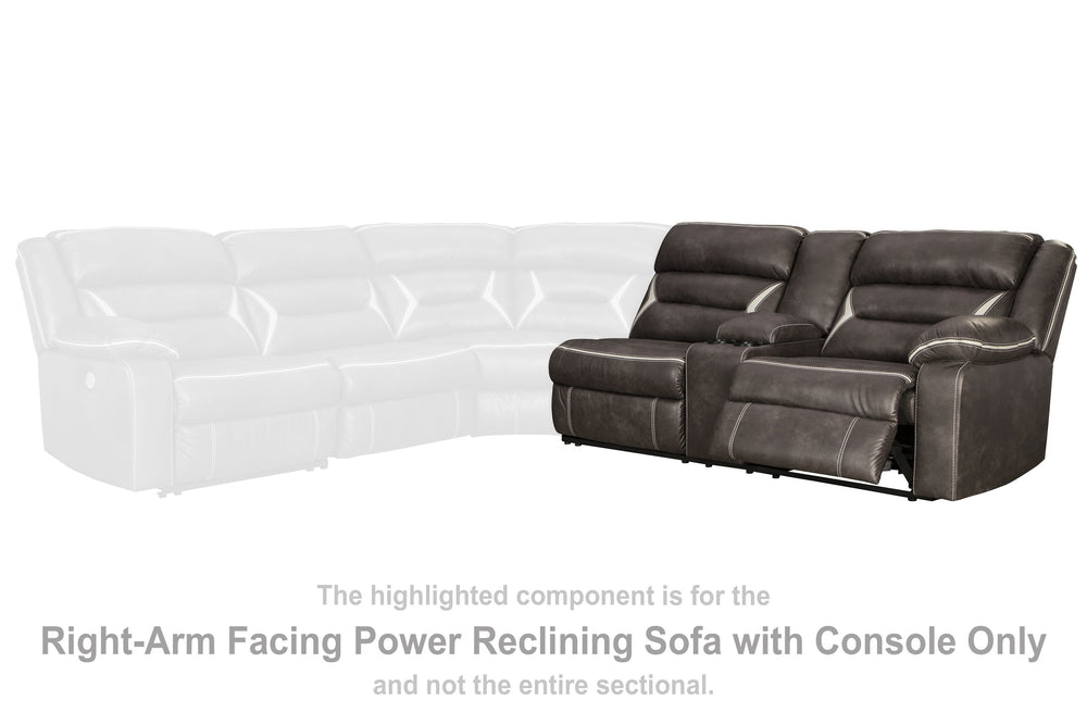 This right-arm facing power reclining sofa with console is made with polyester/polyurethane upholstery. Pairs with other items in the series to make a sectional.<br><br><b>Additional Dimensions</b><br><ul><li>Arm height: 26.5-"</li><li>Distance between re
