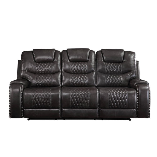 If youâ€™re serious about comfort, then the Braylon motion sofa set is made for you. The magnetite PU upholstery is a slick dark gray color that keeps your entertainment area looking sharp. In addition, the diamond tufted patter in the tight back and seat