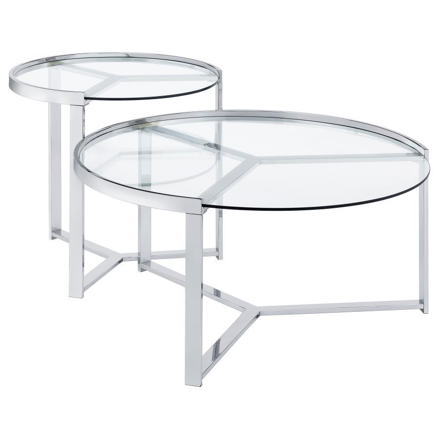 With just a bit of glam style, this casual nesting coffee table set is bright, light, and pleasing. Your living room or family room comes to life with a table set including one large and one small round table that display side by side and nestle together 