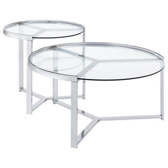 With just a bit of glam style, this casual nesting coffee table set is bright, light, and pleasing. Your living room or family room comes to life with a table set including one large and one small round table that display side by side and nestle together 