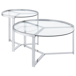 With just a bit of glam style, this casual nesting coffee table set is bright, light, and pleasing. Your living room or family room comes to life with a table set including one large and one small round table that display side by side and nestle together 