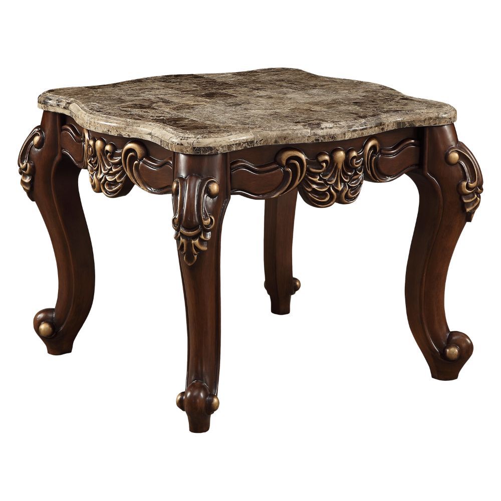 KD, Square Leg End Table â€¢ No Storage (Open Base) â€¢ Scalloped Marble Top: Turkey Import Marble with MDF â€¢ Wooden Scalloped Apron with Carved Floral Motifs: Contrast Gold-Brush Accent, Poplar Wood â€¢ Wooden Queen Anne Legs: Contrast Gold-Brush, Rubb