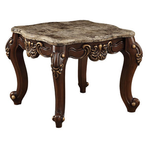 KD, Square Leg End Table â€¢ No Storage (Open Base) â€¢ Scalloped Marble Top: Turkey Import Marble with MDF â€¢ Wooden Scalloped Apron with Carved Floral Motifs: Contrast Gold-Brush Accent, Poplar Wood â€¢ Wooden Queen Anne Legs: Contrast Gold-Brush, Rubb