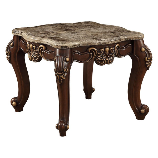 KD, Square Leg End Table â€¢ No Storage (Open Base) â€¢ Scalloped Marble Top: Turkey Import Marble with MDF â€¢ Wooden Scalloped Apron with Carved Floral Motifs: Contrast Gold-Brush Accent, Poplar Wood â€¢ Wooden Queen Anne Legs: Contrast Gold-Brush, Rubb