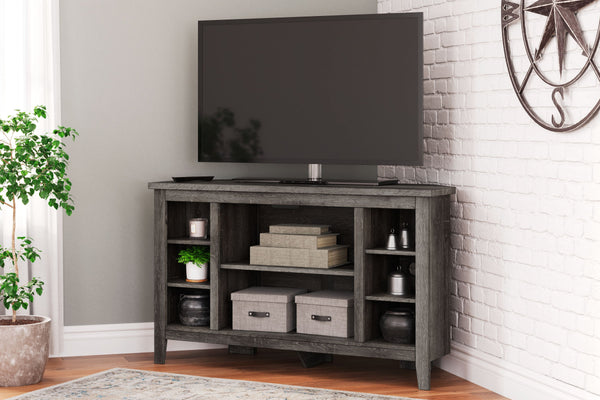  this corner TV stand is right in tune with your relaxed approach to high style. Beautifully shaped to nestle into any corner