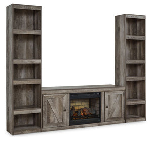 This entertainment center with electric fireplace is sure to win your heart with its fresh take on country living. Its crisp, clean and minimalist-chic profile is enriched with a gray finish, striking replicated oak grain and thick plank styling for that 