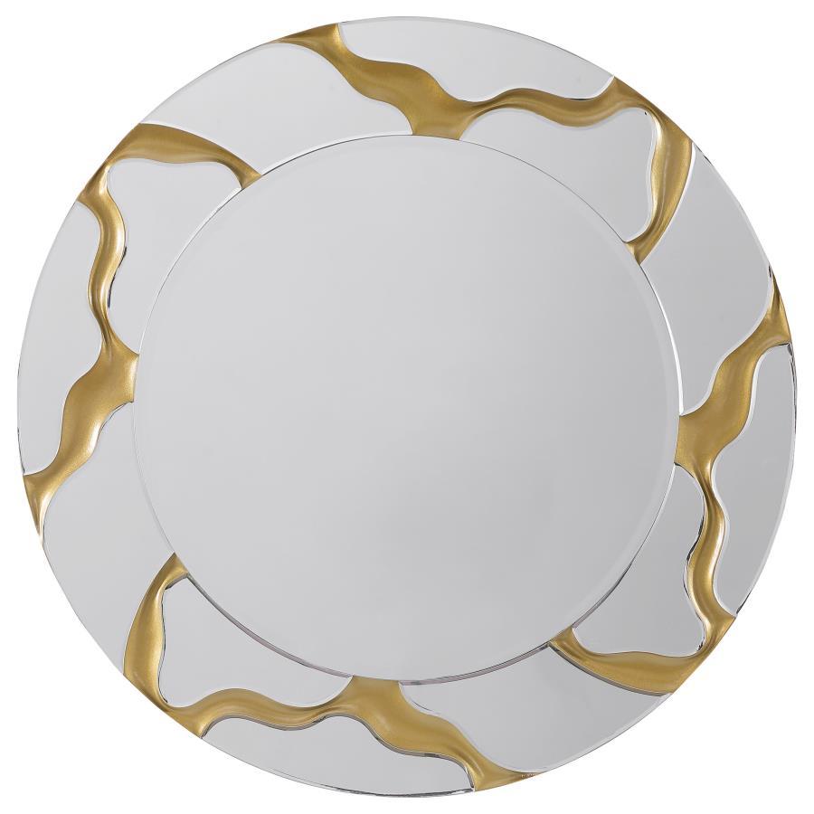 Breathe sophistication into surrounding decor with a modern wall mirror. It boasts a round profile, complete with a center mirror and a mirrored frame. Both are backed by MDF for added durability. The mirrored frame is enhanced with rivers of gold, creati