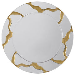 Breathe sophistication into surrounding decor with a modern wall mirror. It boasts a round profile, complete with a center mirror and a mirrored frame. Both are backed by MDF for added durability. The mirrored frame is enhanced with rivers of gold, creati