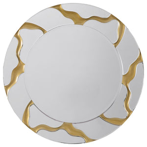 Breathe sophistication into surrounding decor with a modern wall mirror. It boasts a round profile, complete with a center mirror and a mirrored frame. Both are backed by MDF for added durability. The mirrored frame is enhanced with rivers of gold, creati