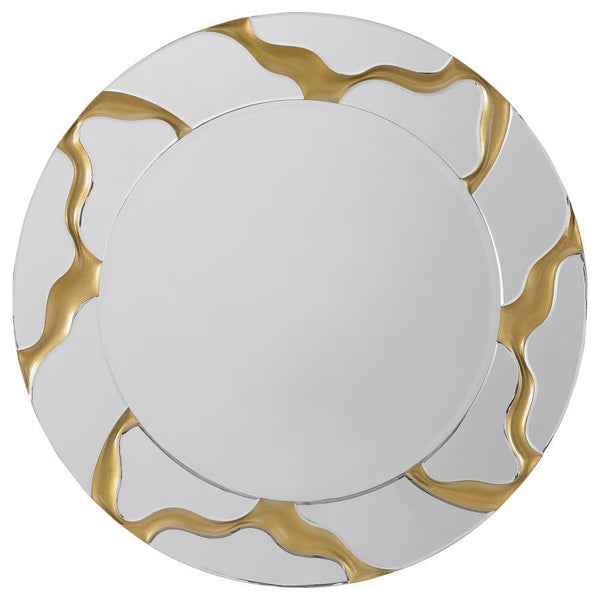 Breathe sophistication into surrounding decor with a modern wall mirror. It boasts a round profile, complete with a center mirror and a mirrored frame. Both are backed by MDF for added durability. The mirrored frame is enhanced with rivers of gold, creati