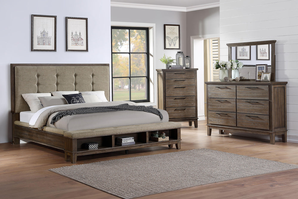 The Cagney 4-Piece Wood Bedroom Set in Vintage Gray is a masterful fusion of timeless elegance, meticulous craftsmanship, and practical functionality, designed to transform your bedroom into a sophisticated retreat. This set includes an upholstered panel 