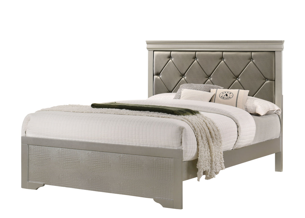 This bedroom set embodies a refined elegance with its soft silver hue and luxurious textures, perfect for creating a serene and sophisticated sanctuary. The centerpiece is a sumptuous bed framed by a headboard with diamond-tufted detailing, offering a tou