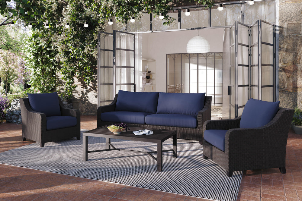 Discover the Skye Outdoor Patio Conversation Set in rich Navy Blue, complete with a three-seater sofa, two club chairs, and a coffee table, designed to enhance your outdoor experience. Crafted with durable aluminum frames and a baked-on powder finish, thi